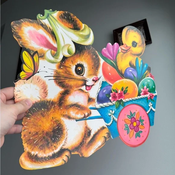 Vintage Easter Bunny Chick Egg Basket Die Cut USA Made Holiday Wall Ephemera - Picture 2 of 15